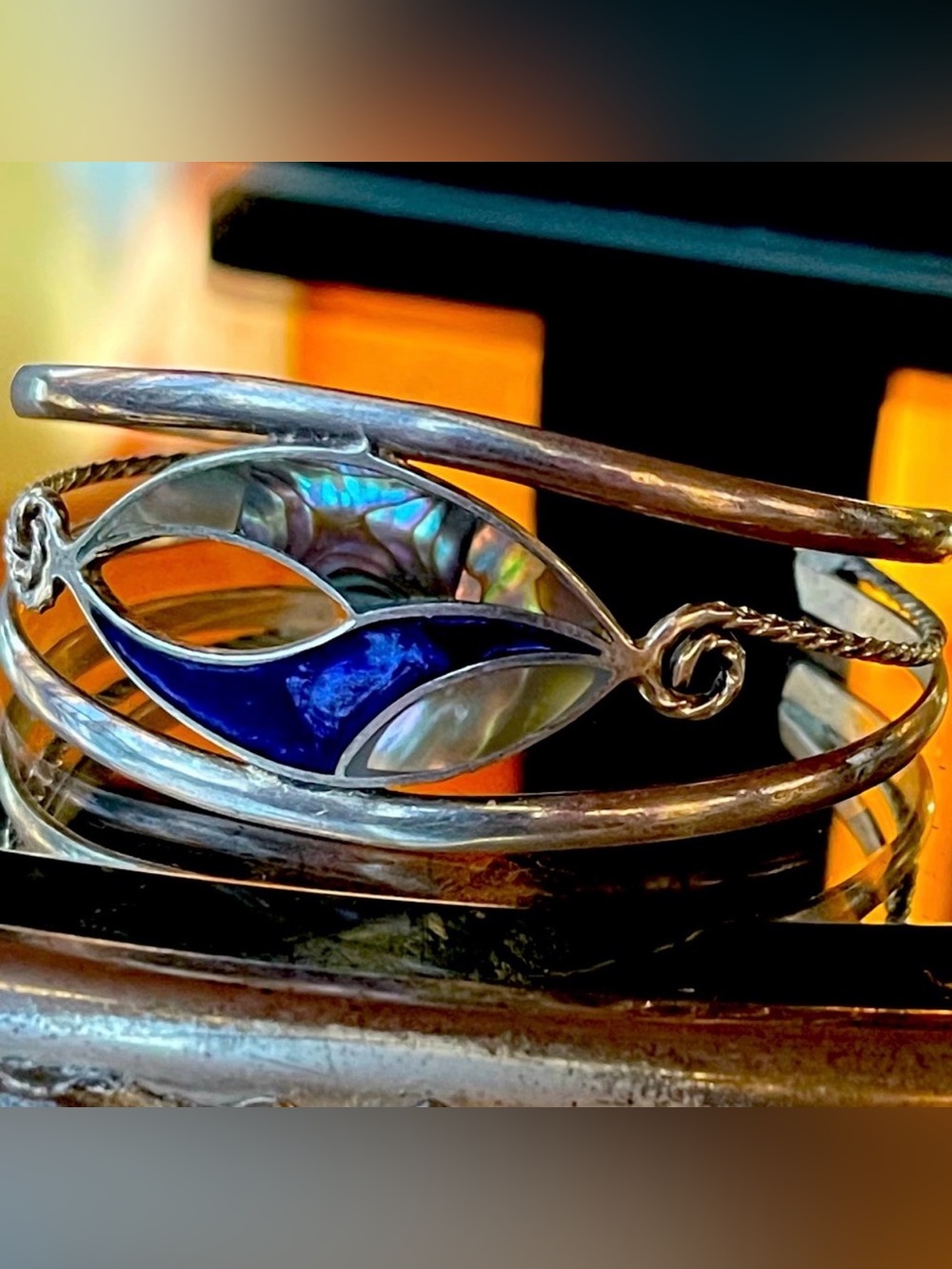 Vintage Signed Alpaca Mexico Enamel & Abalone Sculptural Cuff Bracelet